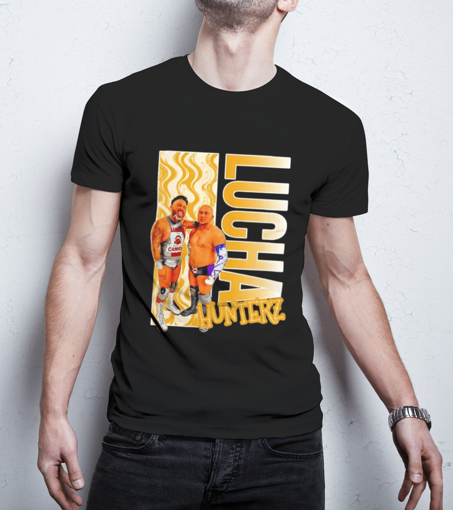 Lucha Hunterz Wrestlers Duo With Llamas And Gold Accents T-Shirt