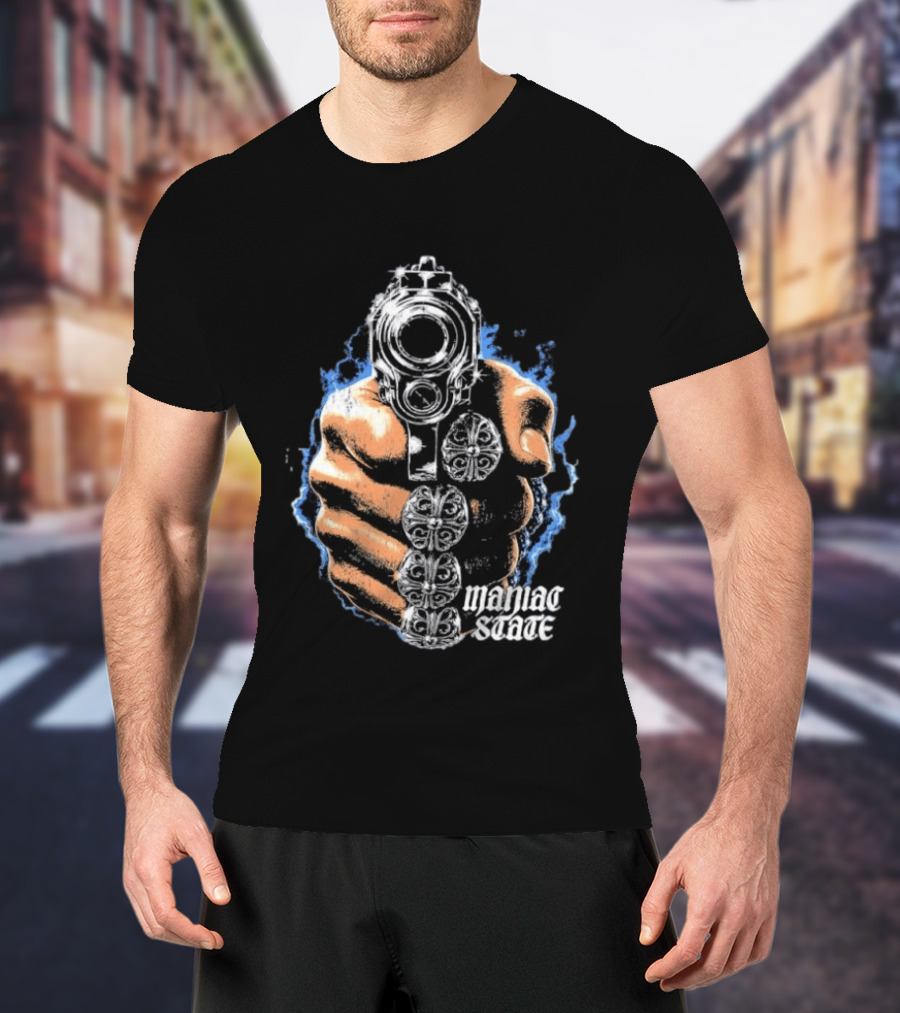 Maniac State Handgun Fist Chrome Cross Rings T-Shirt
