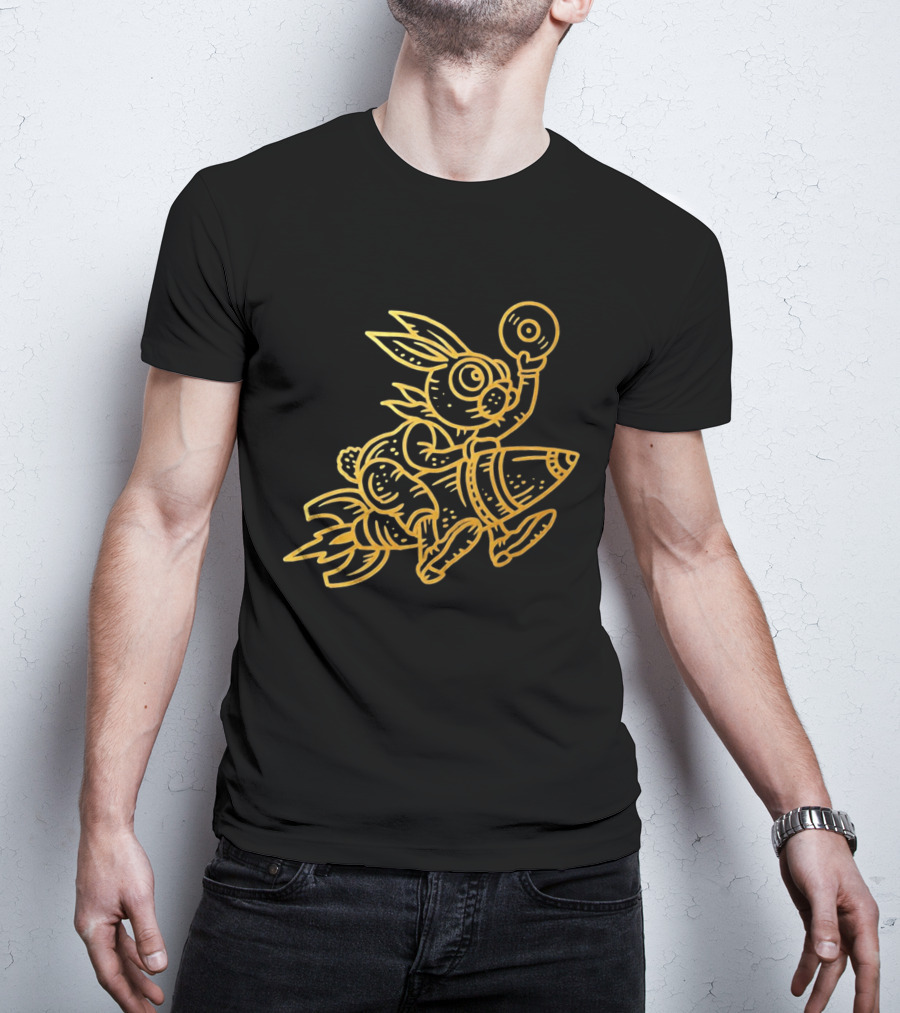 Golden Rabbit Riding A Rocket With Vinyl Record Music Space Adventure T-Shirt