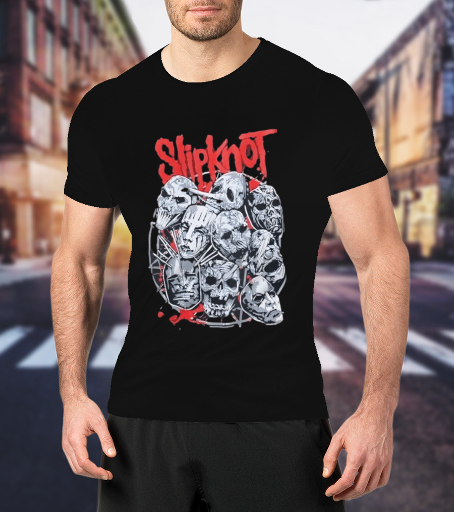 Slipknot Mask Collection With Band Name In Red T-Shirt