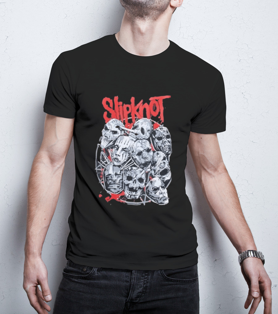 Slipknot Mask Collection With Band Name In Red T-Shirt
