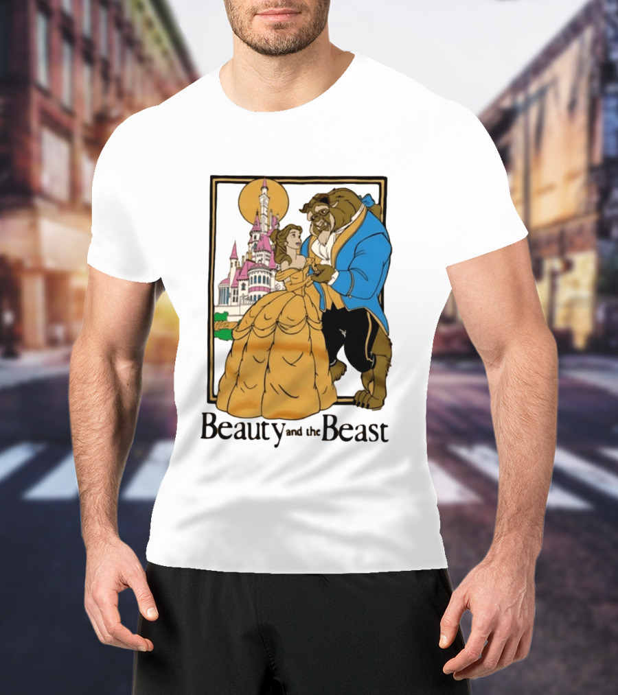 Beauty And The Beast Belle And Beast Dancing In Front Of Castle T-Shirt