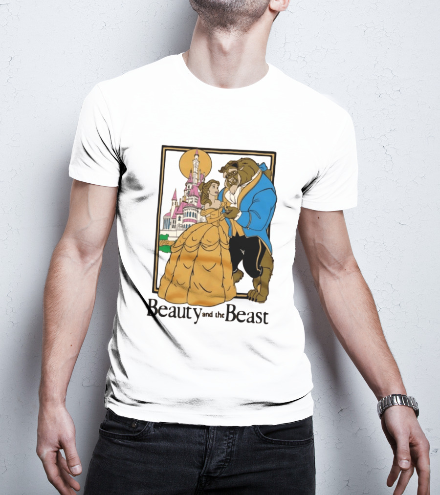 Beauty And The Beast Belle And Beast Dancing In Front Of Castle T-Shirt