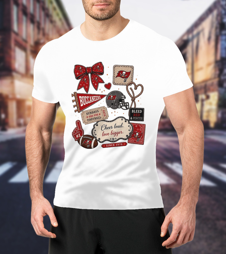 Tampa Bay Buccaneers Mom Red Floral Bow Cheer Loud Love Bigger Football Patch Collage T-Shirt