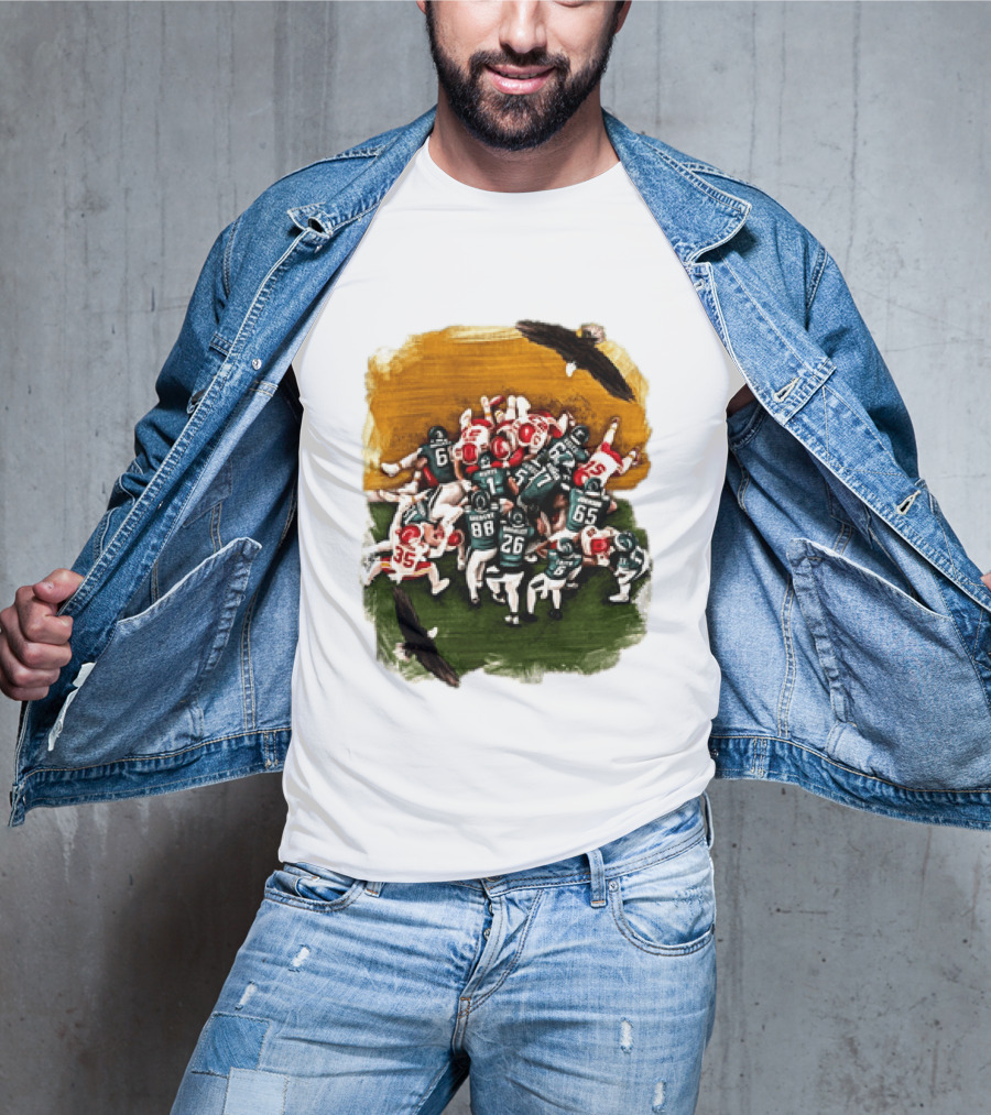 Philadelphia Eagles Tush Push Jalen Hurts Saquon Barkley Jason Kelce Action Play T-Shirt