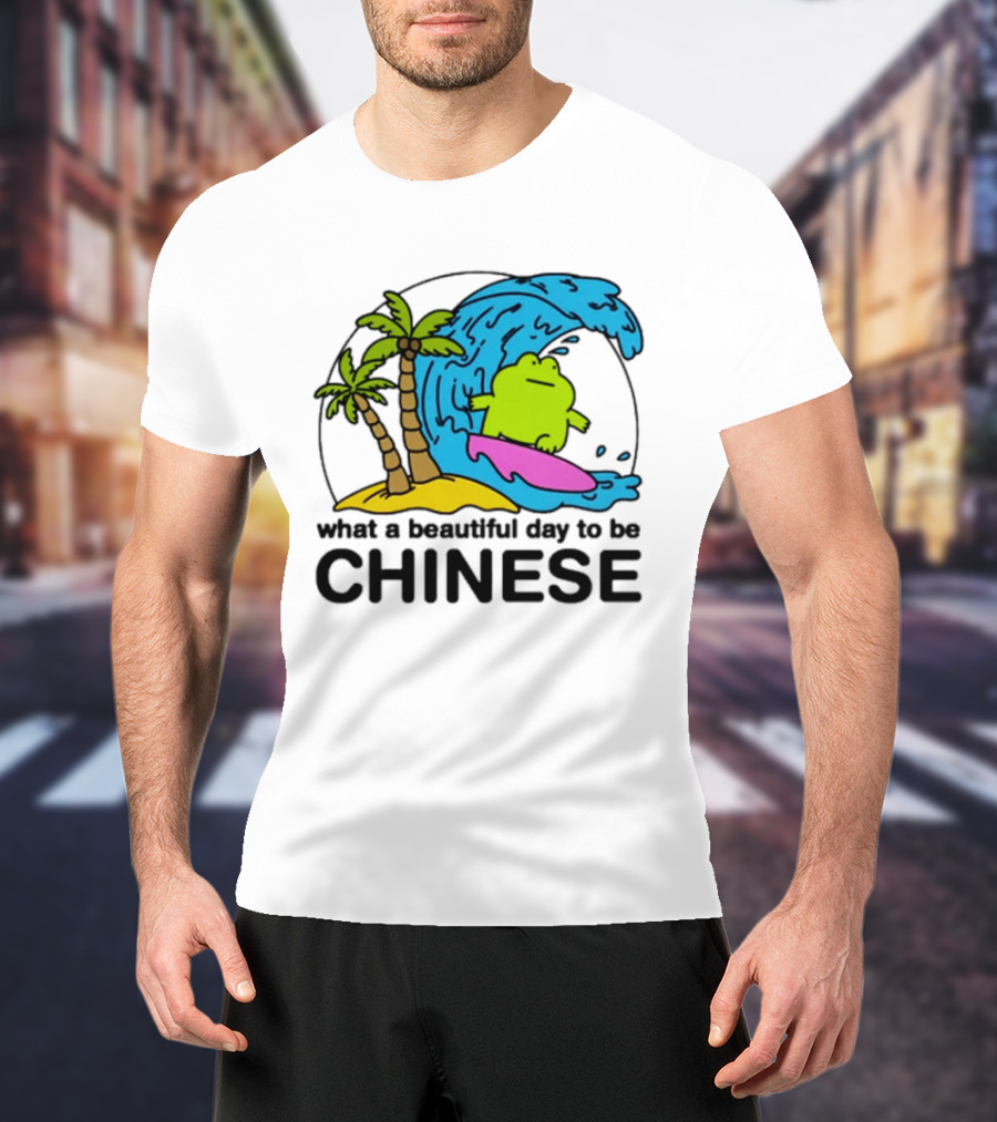 What A Beautiful Day To Be Chinese Surfing Frog With Palm Trees And Waves T-Shirt