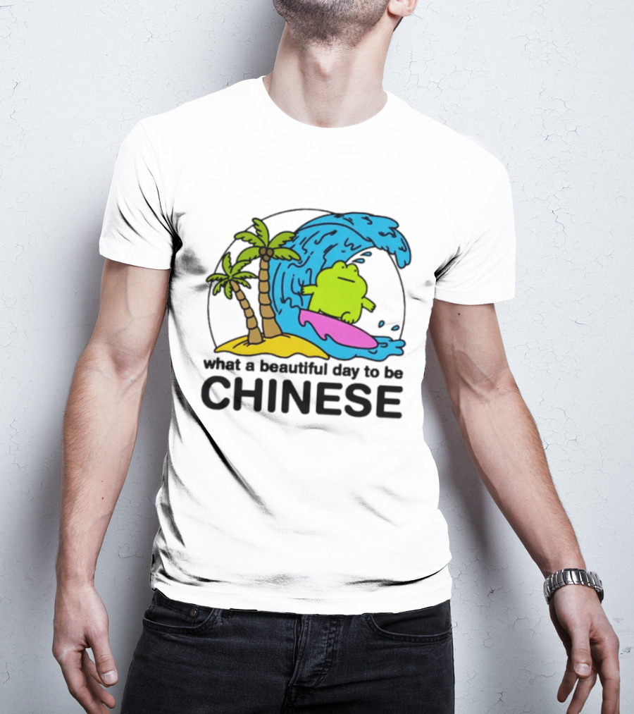 What A Beautiful Day To Be Chinese Surfing Frog With Palm Trees And Waves T-Shirt