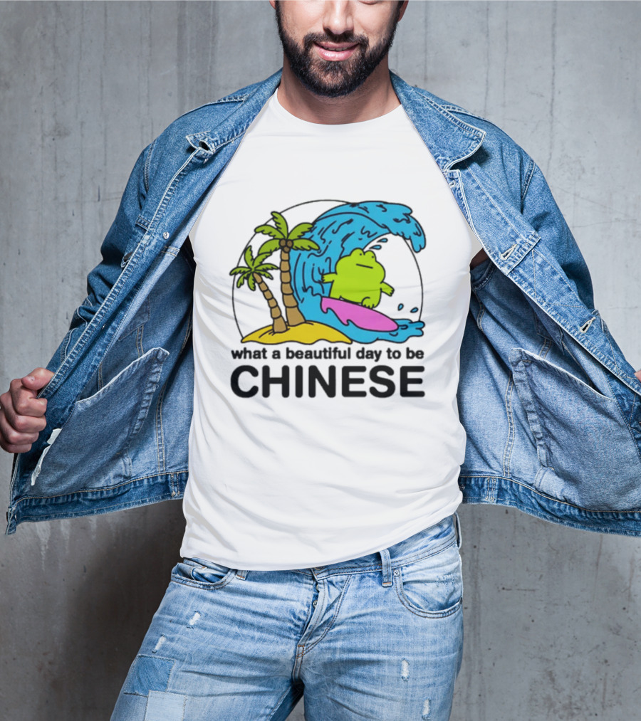 What A Beautiful Day To Be Chinese Surfing Frog With Palm Trees And Waves T-Shirt