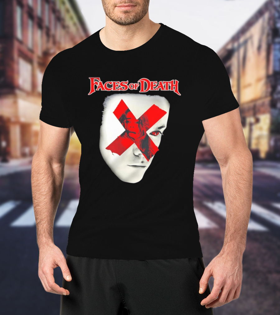 Faces Of Death Horror Movie Red X Iconic Scream Mask T-Shirt
