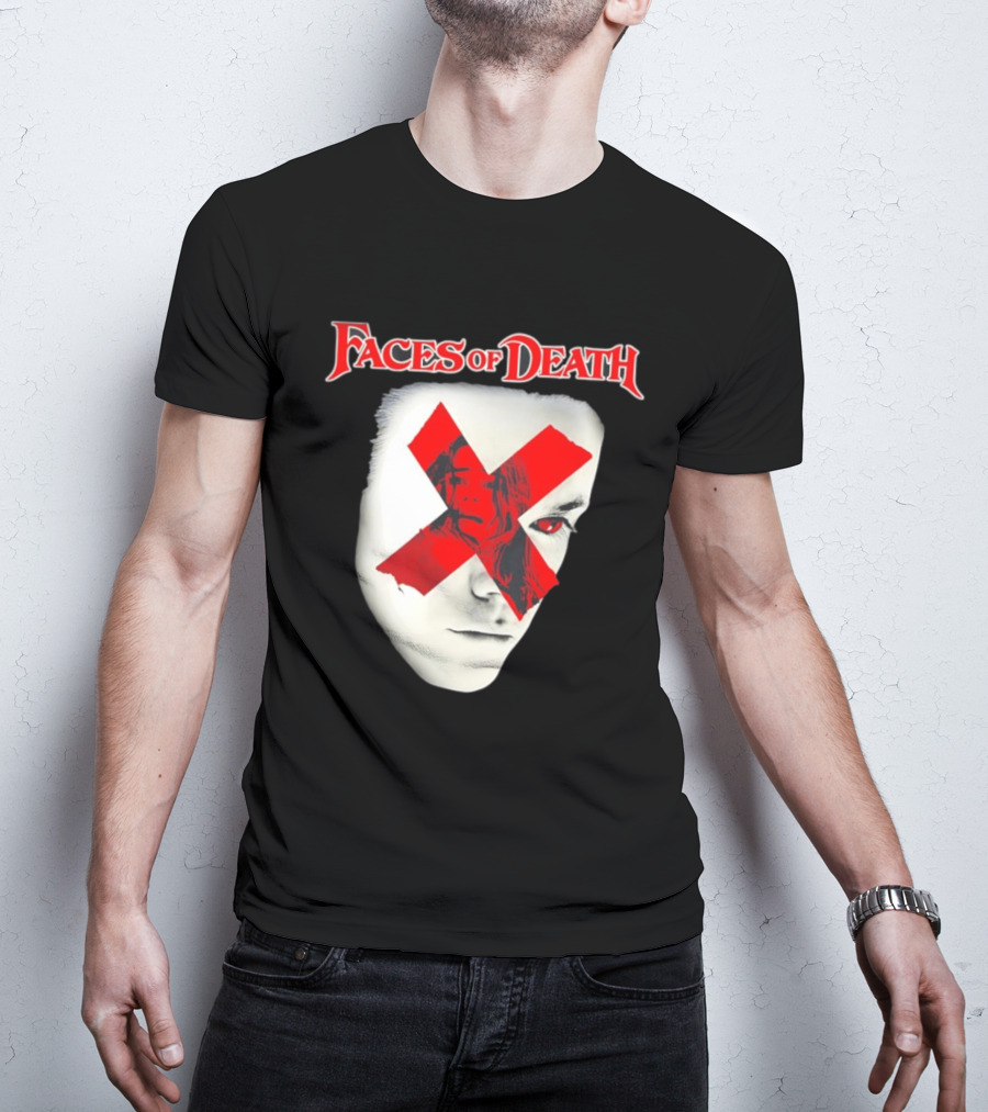 Faces Of Death Horror Movie Red X Iconic Scream Mask T-Shirt