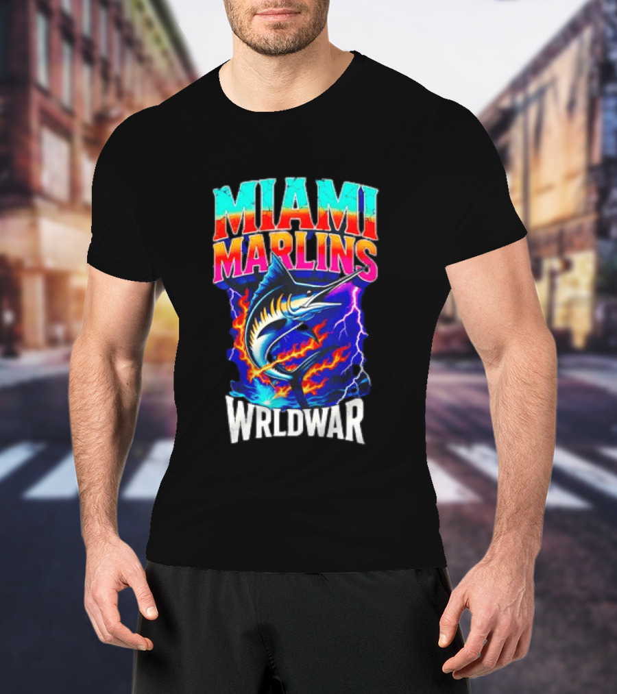 Miami Marlins Wrldwar Lightning Flame Marlin T-Shirt