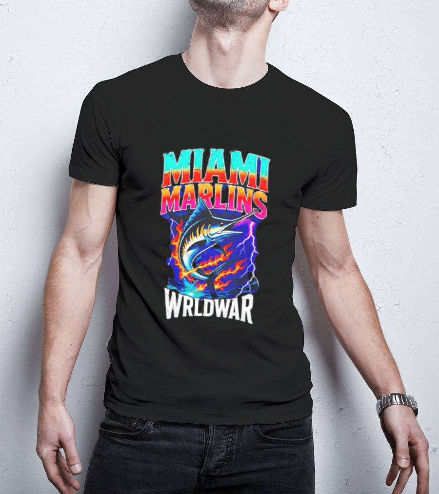 Miami Marlins Wrldwar Lightning Flame Marlin T-Shirt