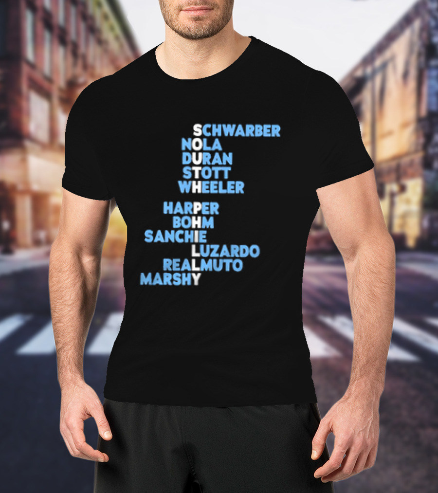 Philadelphia Phillies South Philly Baseball Player Names 2026 Schwaber Nola Duran Stott Wheeler Harper Bohm Sanchez Luzardo Realmuto Marsh T-Shirt