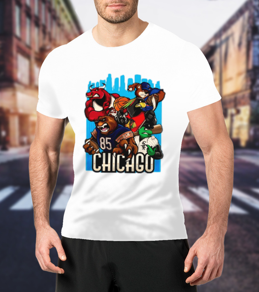 Chicago Bulls Bears Blackhawks Cubs White Sox Sports Team Characters T-Shirt
