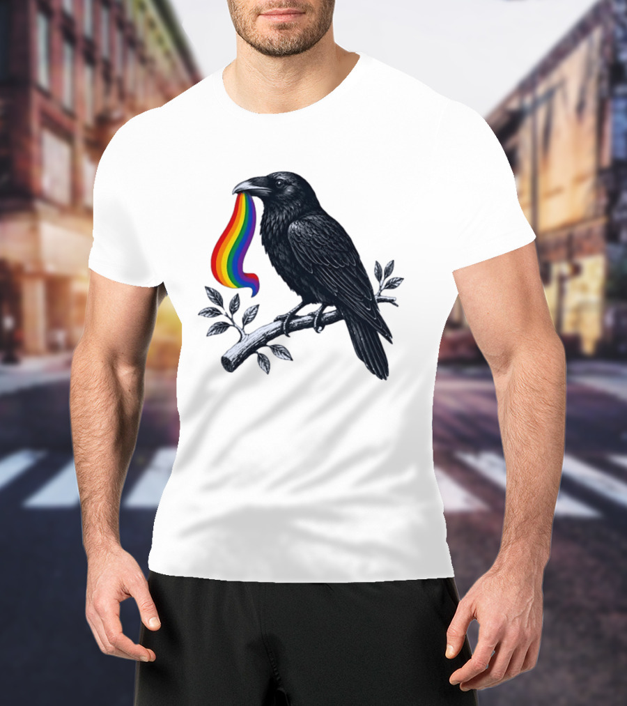 Rainbow Raven Pride Bird Holding Colorful Ribbon On Branch T-Shirt