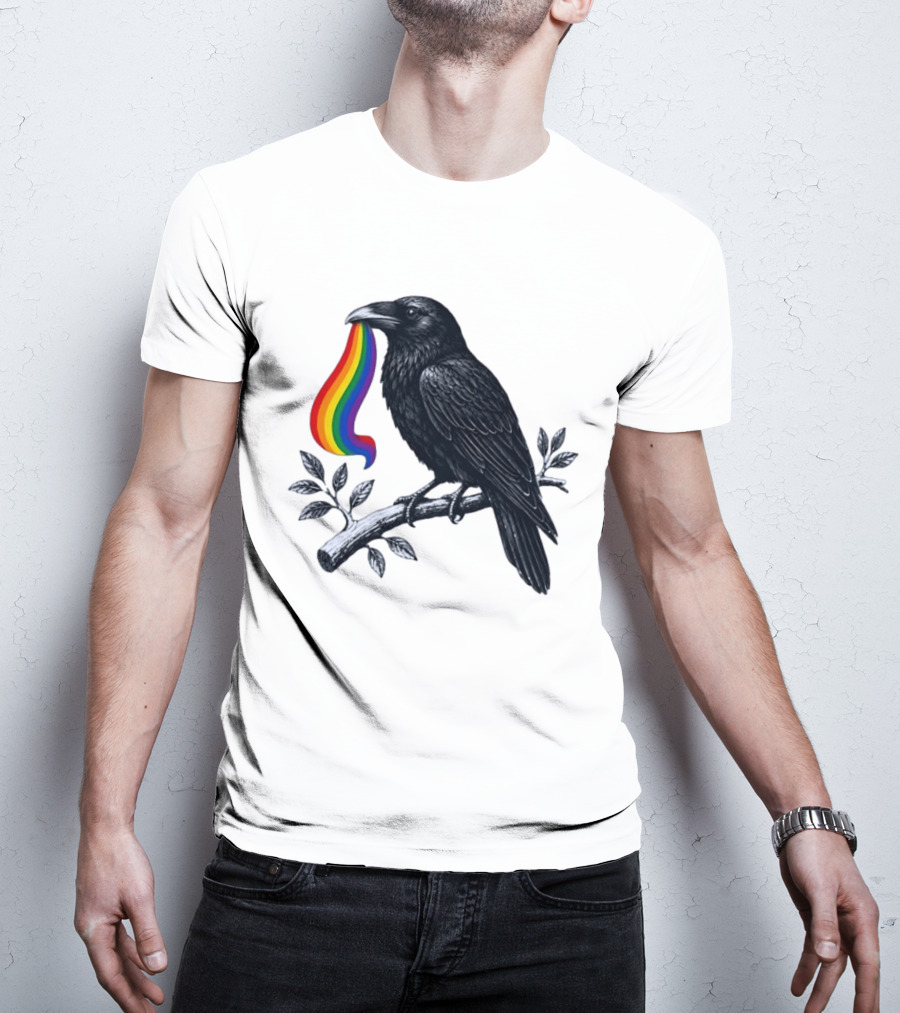 Rainbow Raven Pride Bird Holding Colorful Ribbon On Branch T-Shirt