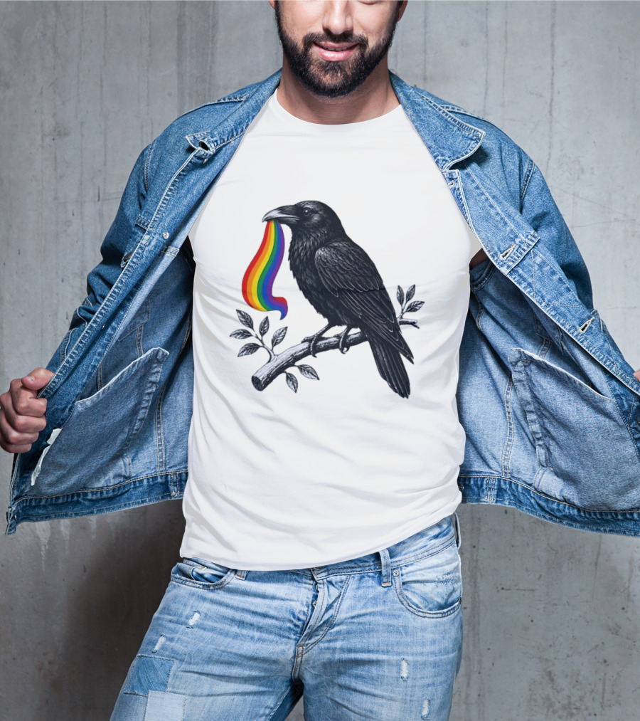 Rainbow Raven Pride Bird Holding Colorful Ribbon On Branch T-Shirt