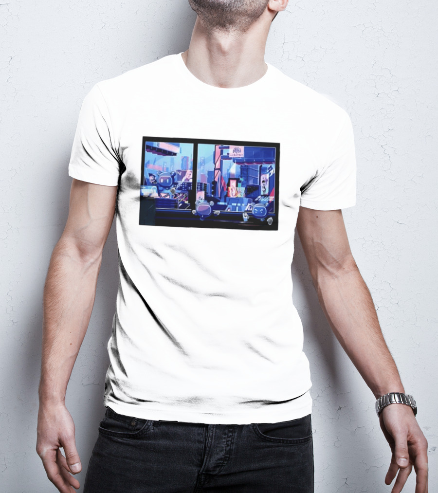 Lit Bot Apts Robots Futuristic City Skyline Pixel T-Shirt