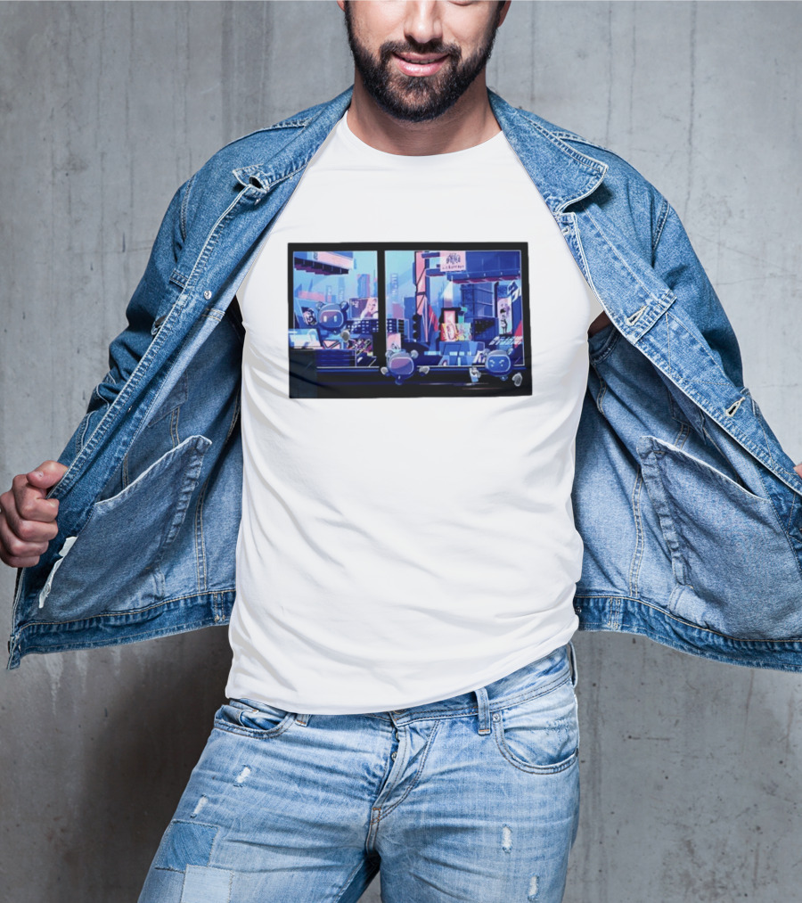 Lit Bot Apts Robots Futuristic City Skyline Pixel T-Shirt
