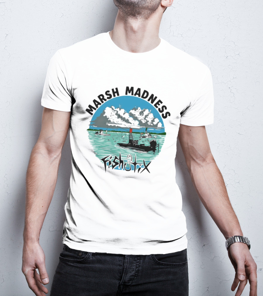 Marsh Madness Fishstix Boat Fishing Scene T-Shirt