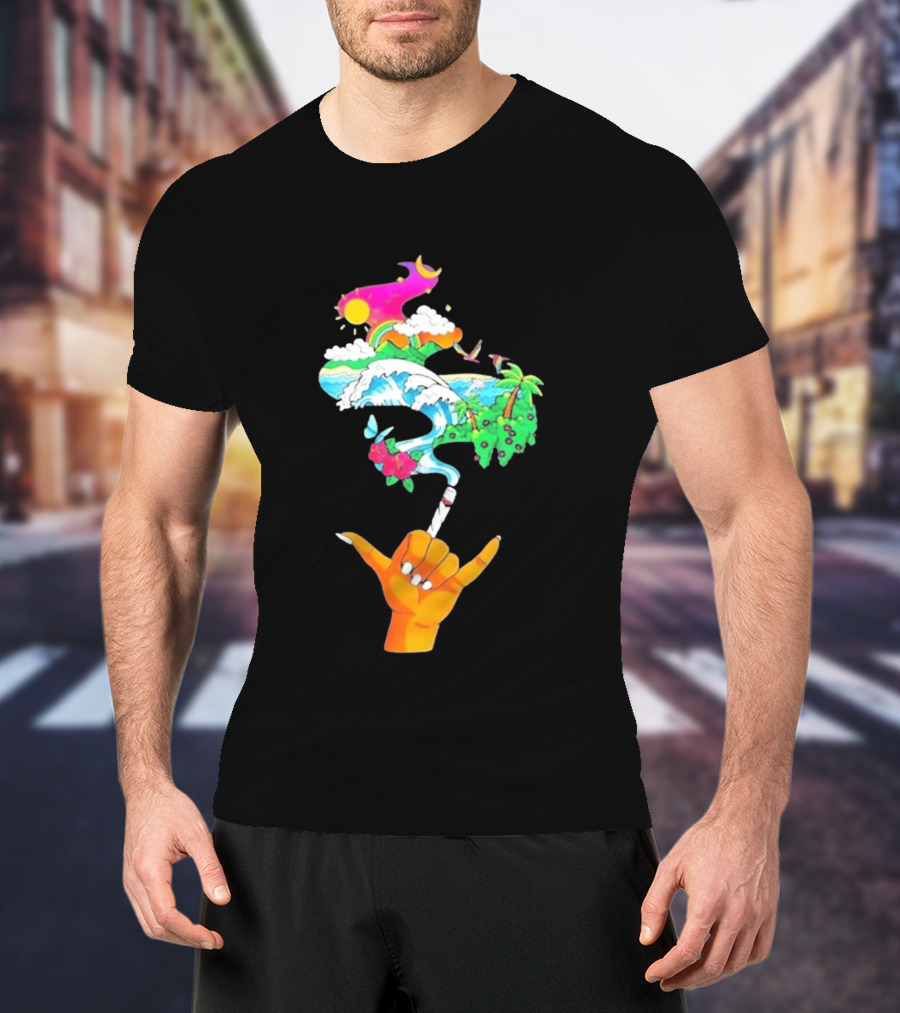 Shaka Hand Gesture With Tropical Island Wave And Colorful Clouds T-Shirt