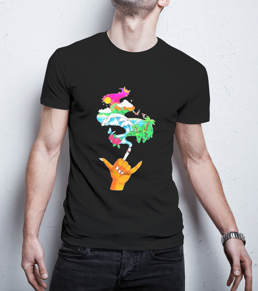 Shaka Hand Gesture With Tropical Island Wave And Colorful Clouds T-Shirt