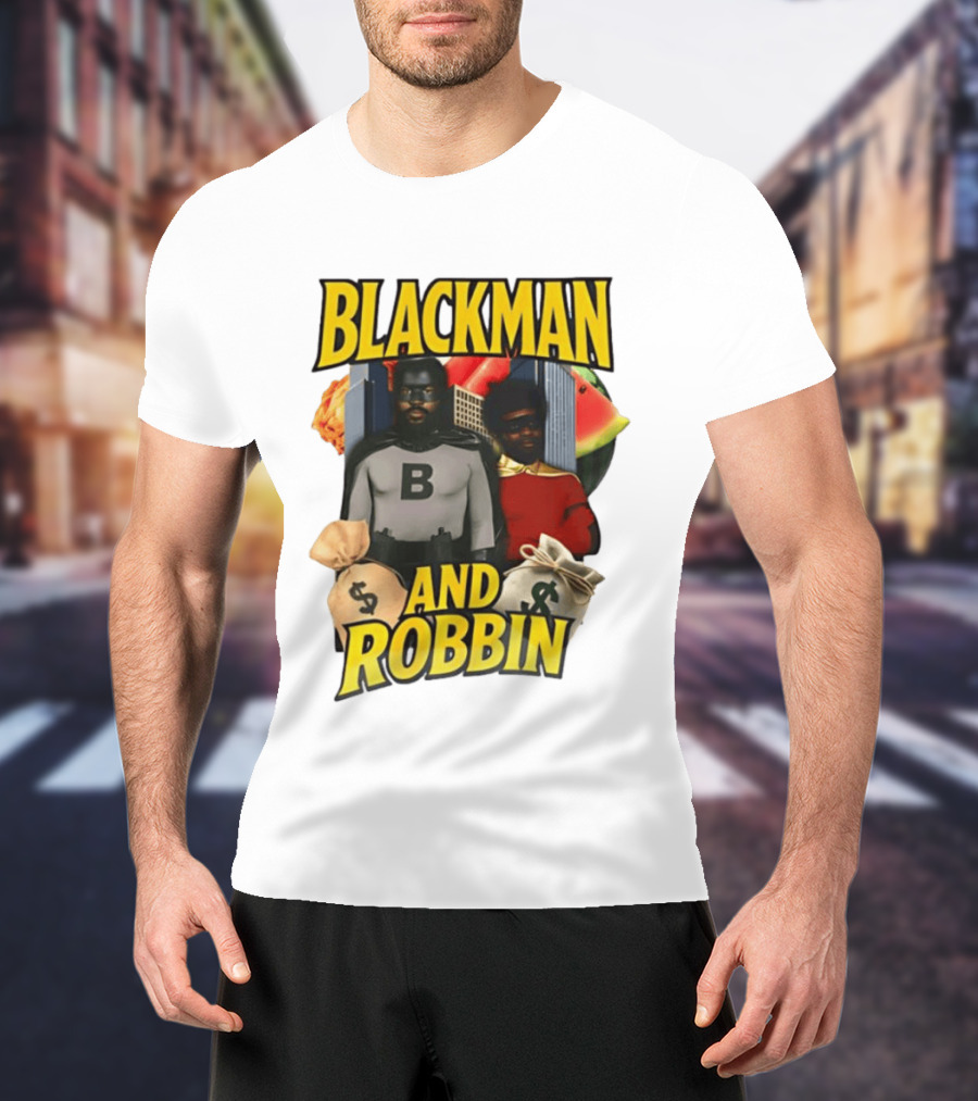 Blackman And Robbin Superhero Satire Comedy Money Bags Cityscape T-Shirt