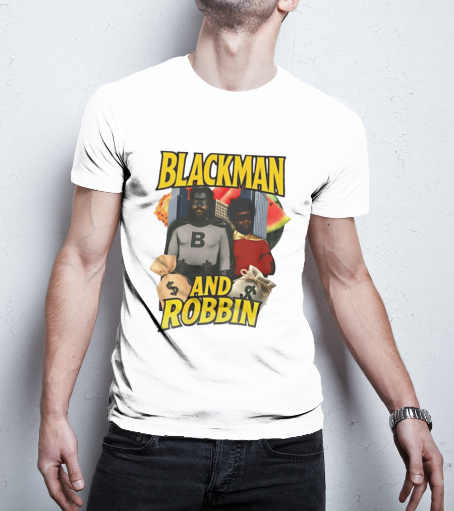 Blackman And Robbin Superhero Satire Comedy Money Bags Cityscape T-Shirt