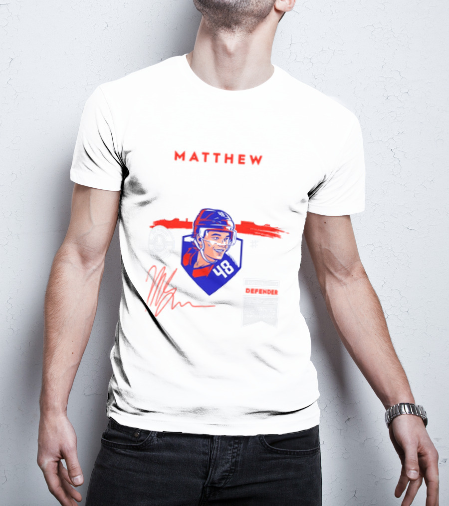 Matthew Schaefer New York Islanders 48 Spotlight Signature Helmets T-Shirt