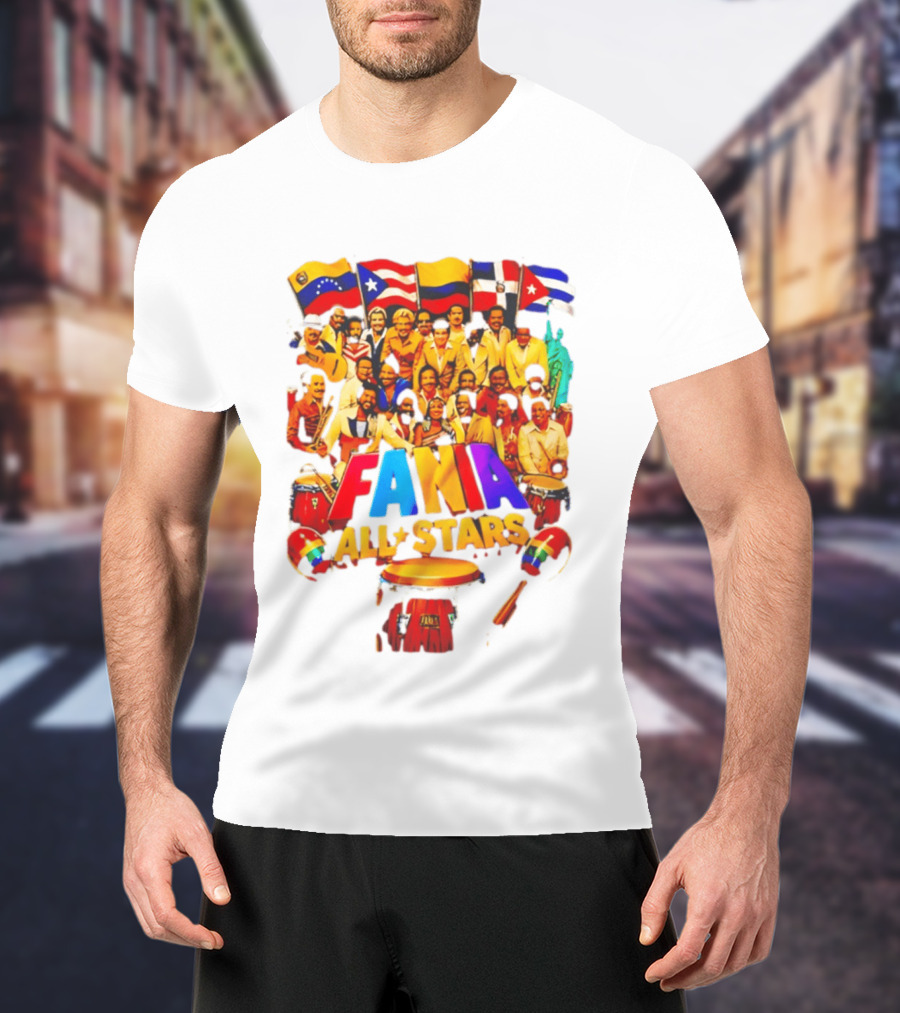 Fania All Stars Band With Colorful Flags And Musical Instruments T-Shirt