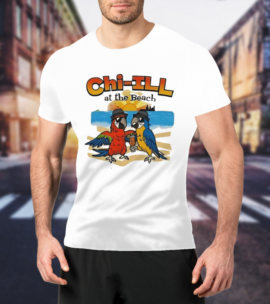 Chi ILL At The Beach Parrots With Hats And Sunset Scene T-Shirt