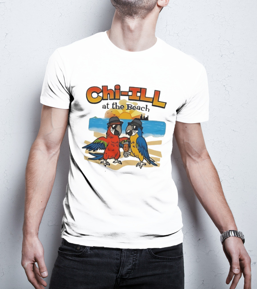 Chi ILL At The Beach Parrots With Hats And Sunset Scene T-Shirt