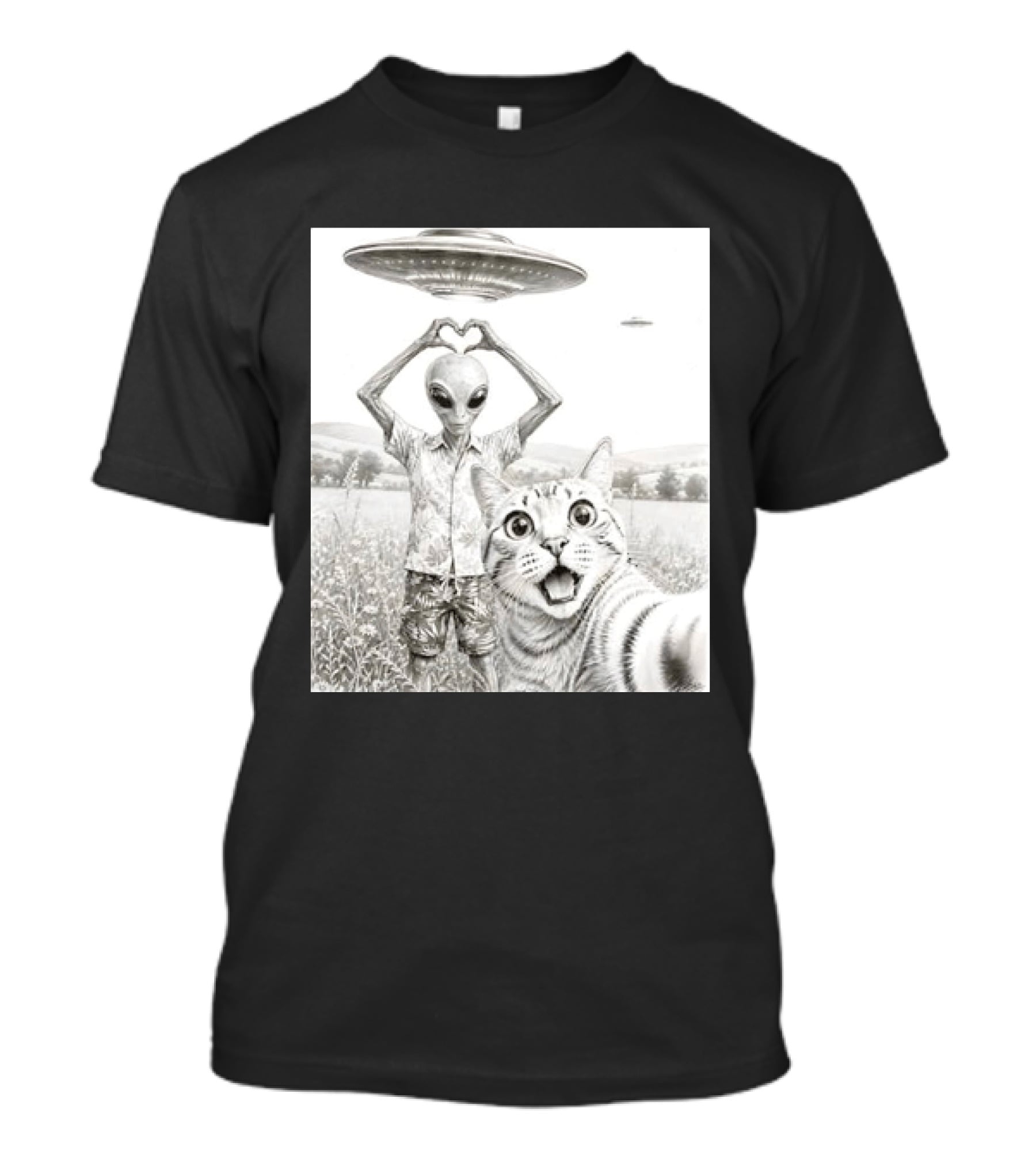 Alien And Cat Selfie UFO Extraterrestrial Meadow Scene T-Shirt