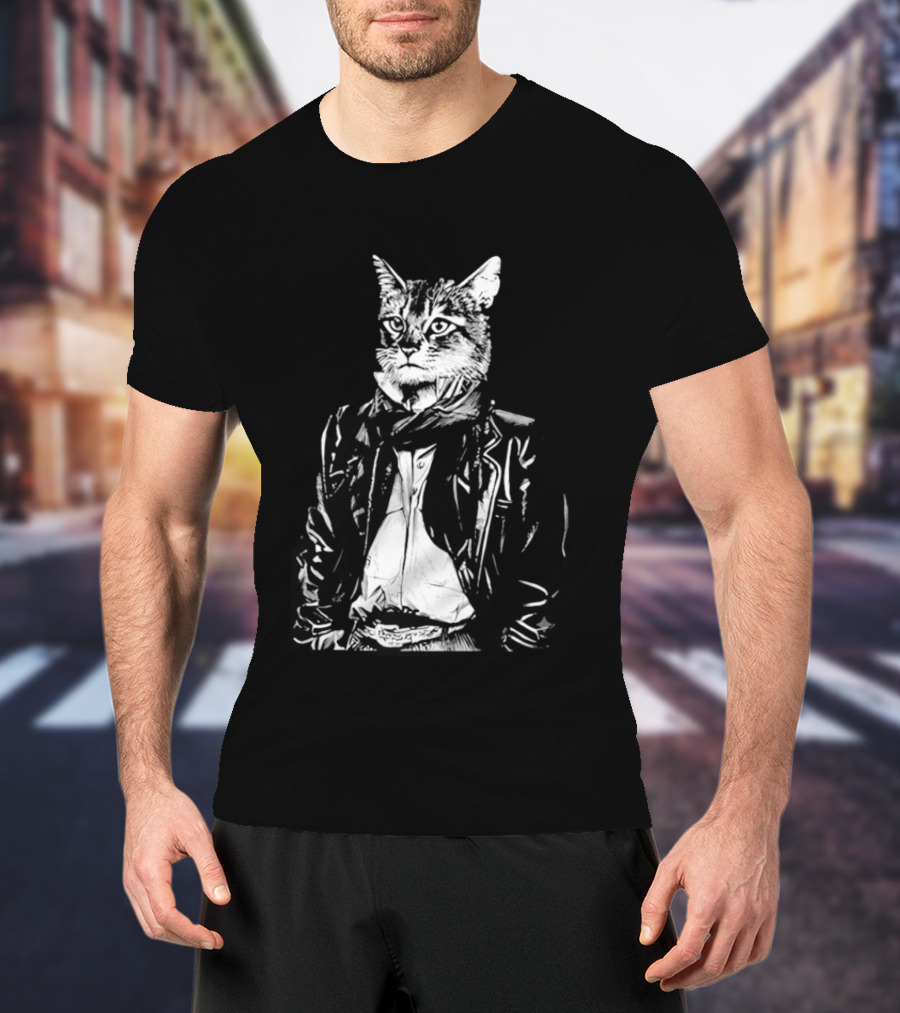 Cat They Only Come Out At Night Cool Cat In Leather Jacket T-Shirt