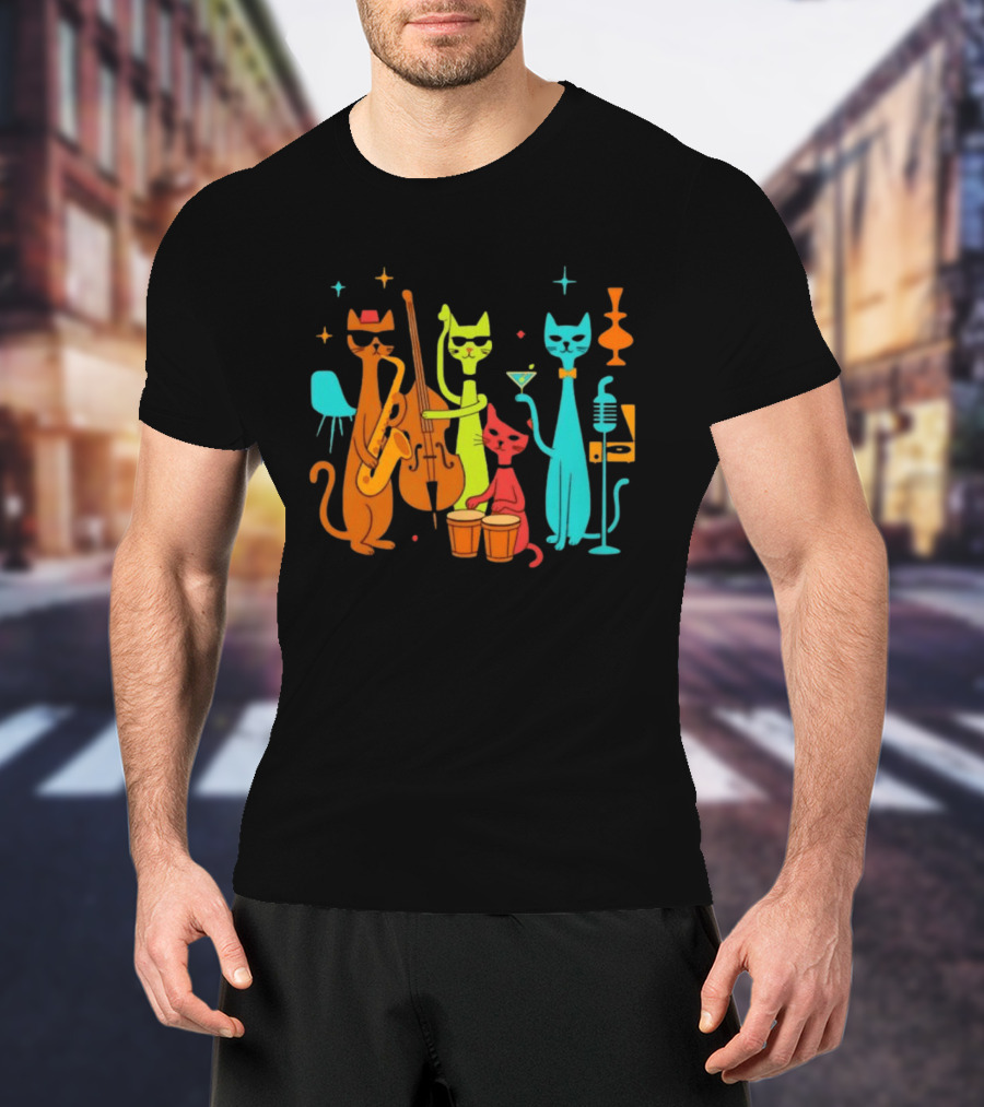 Jazz Cat Quartet Playing Instruments Bass Bongo Trumpet Martini T-Shirt