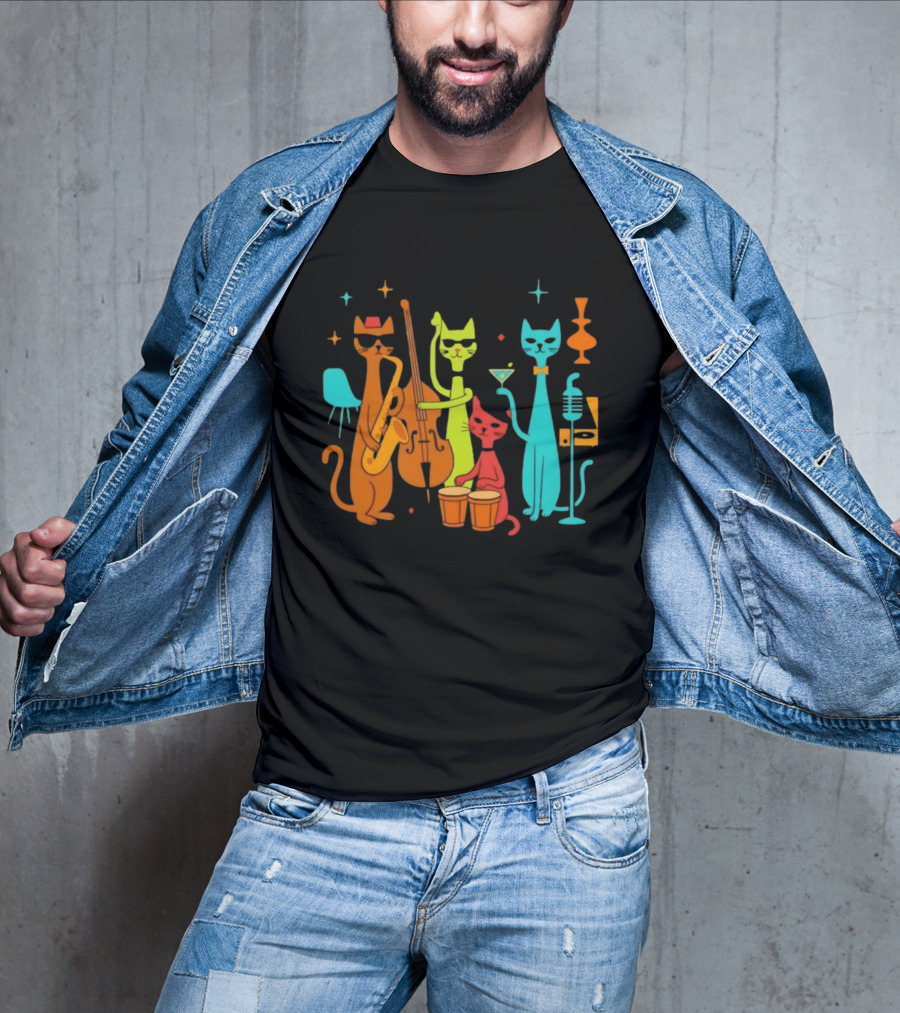 Jazz Cat Quartet Playing Instruments Bass Bongo Trumpet Martini T-Shirt