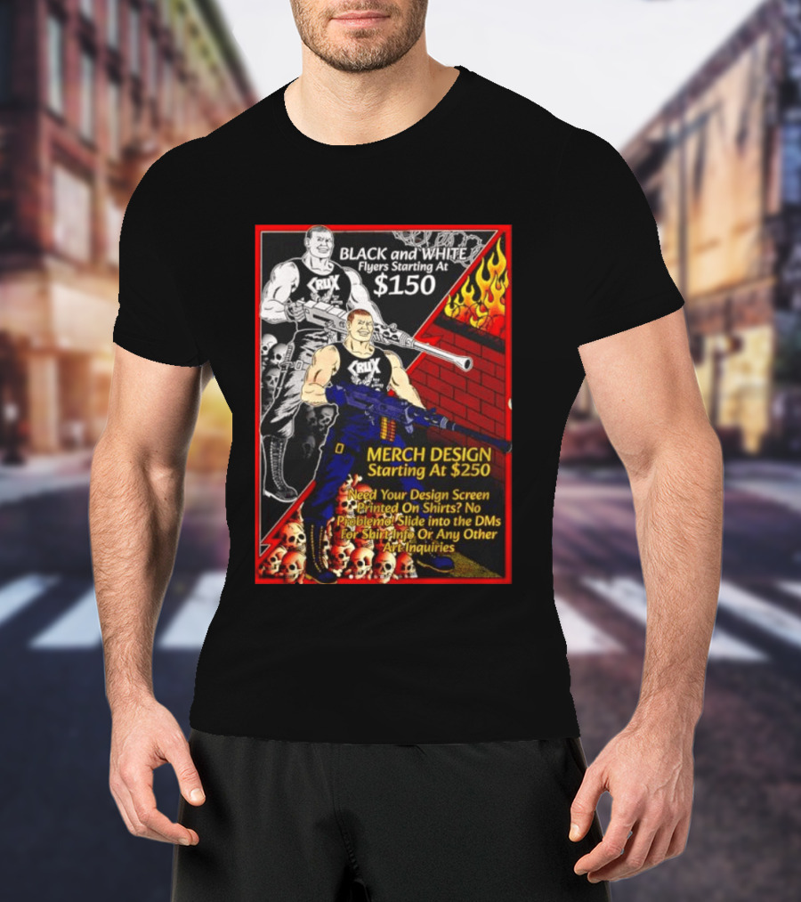 Crux Black And White Flyers And Merch Services Skulls And Flames Promo T-Shirt