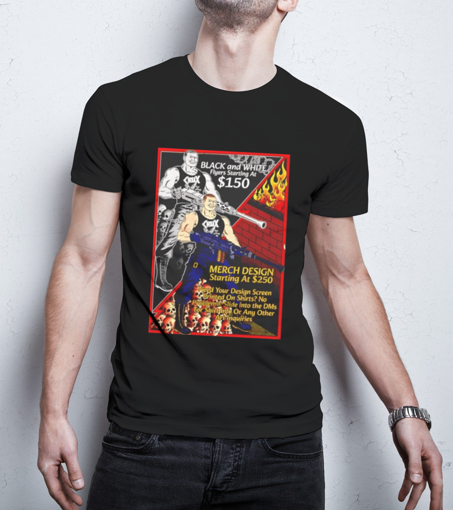 Crux Black And White Flyers And Merch Services Skulls And Flames Promo T-Shirt