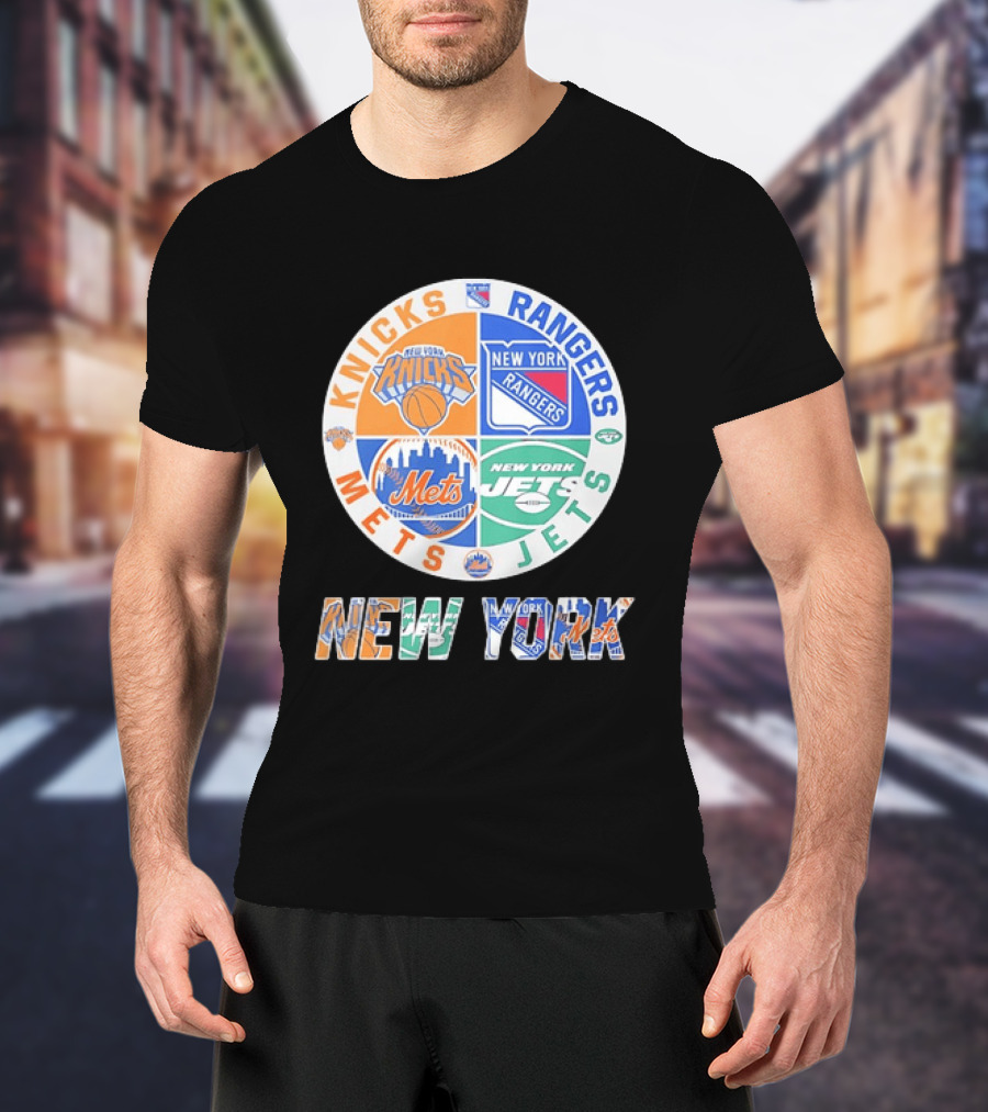 New York Knicks Rangers Mets Jets Fan Logos NY Sports Team Circle T-Shirt