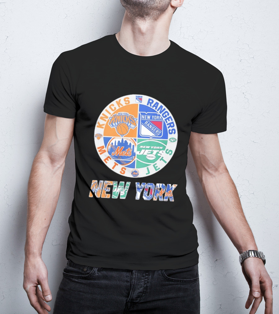 New York Knicks Rangers Mets Jets Fan Logos NY Sports Team Circle T-Shirt