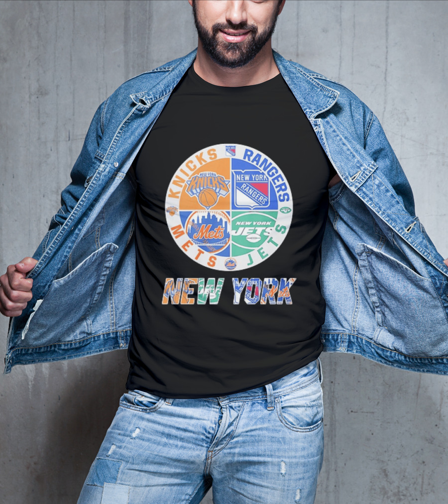 New York Knicks Rangers Mets Jets Fan Logos NY Sports Team Circle T-Shirt