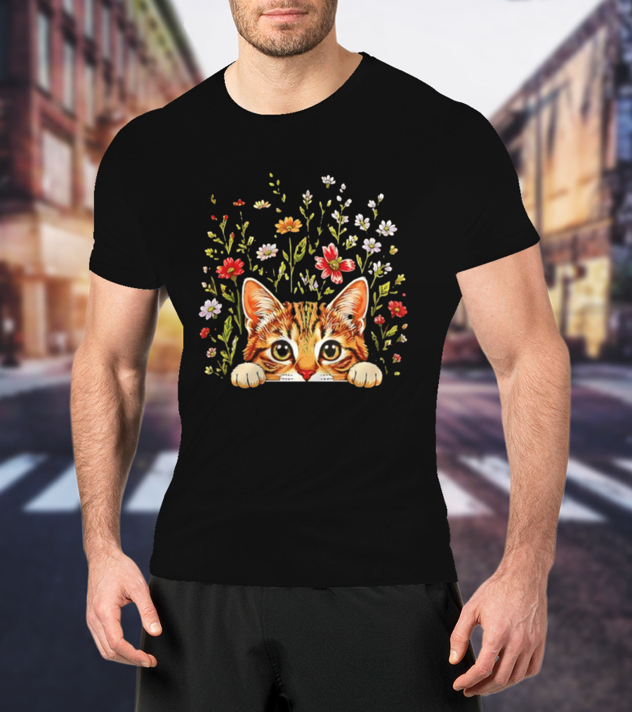 Tabby Kitten Head Through Wildflowers Florals T-Shirt