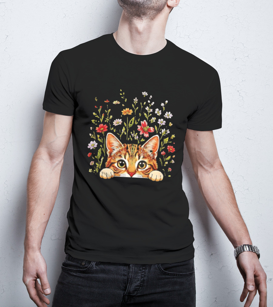 Tabby Kitten Head Through Wildflowers Florals T-Shirt