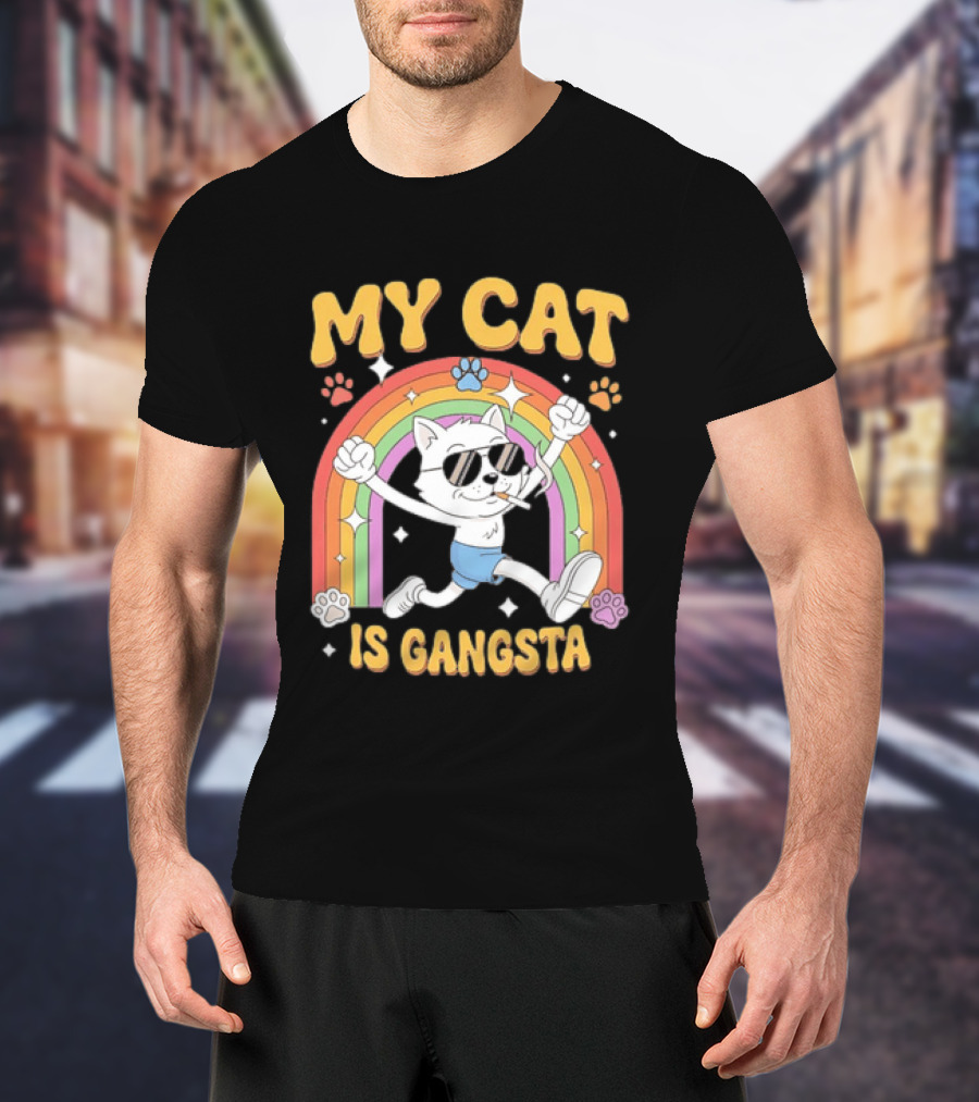 My Cat Is Gangsta Rainbow Smoking Cat T-Shirt