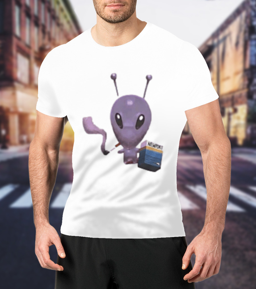 Alien Holding Newport Cigarette Pack Smoking Space Travel T-Shirt