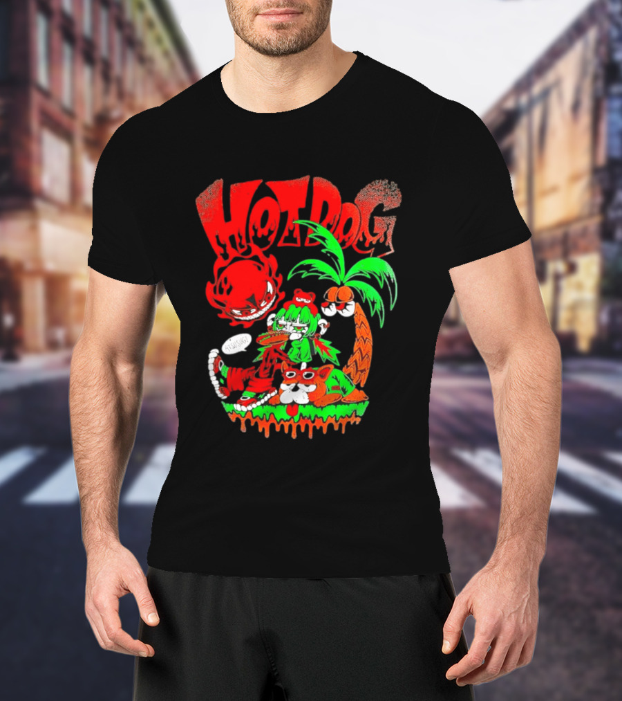Hotdog Atsusugi Girl With Bear Hat And Dog Under Palm Tree T-Shirt