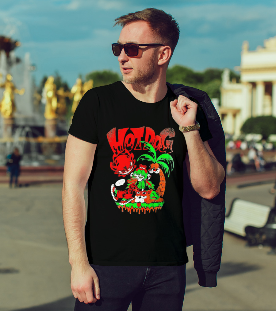 Hotdog Atsusugi Girl With Bear Hat And Dog Under Palm Tree T-Shirt