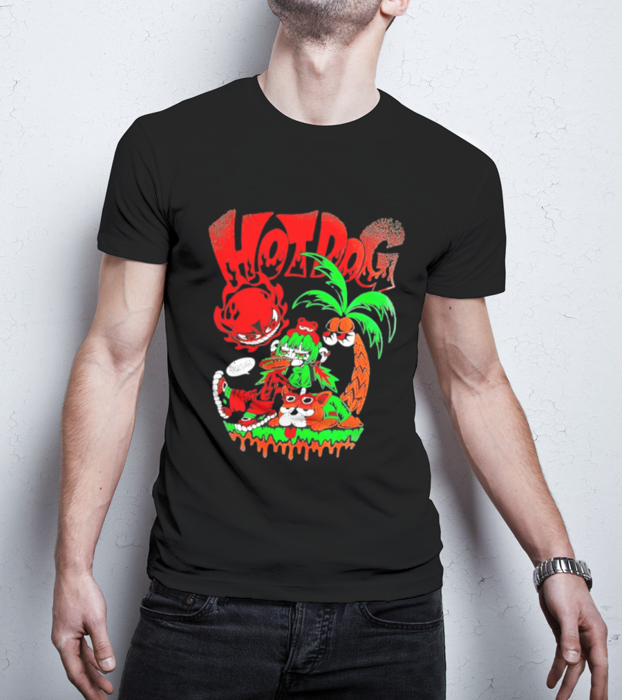 Hotdog Atsusugi Girl With Bear Hat And Dog Under Palm Tree T-Shirt