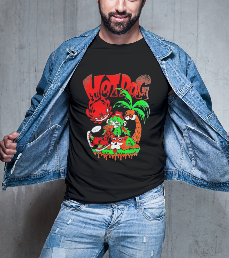 Hotdog Atsusugi Girl With Bear Hat And Dog Under Palm Tree T-Shirt