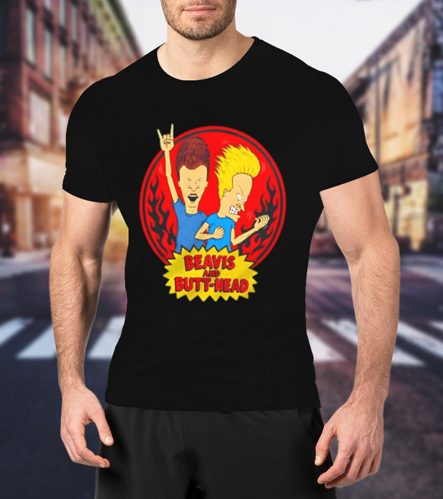 Beavis And Butt Head Rocking Out Flames Circle T-Shirt